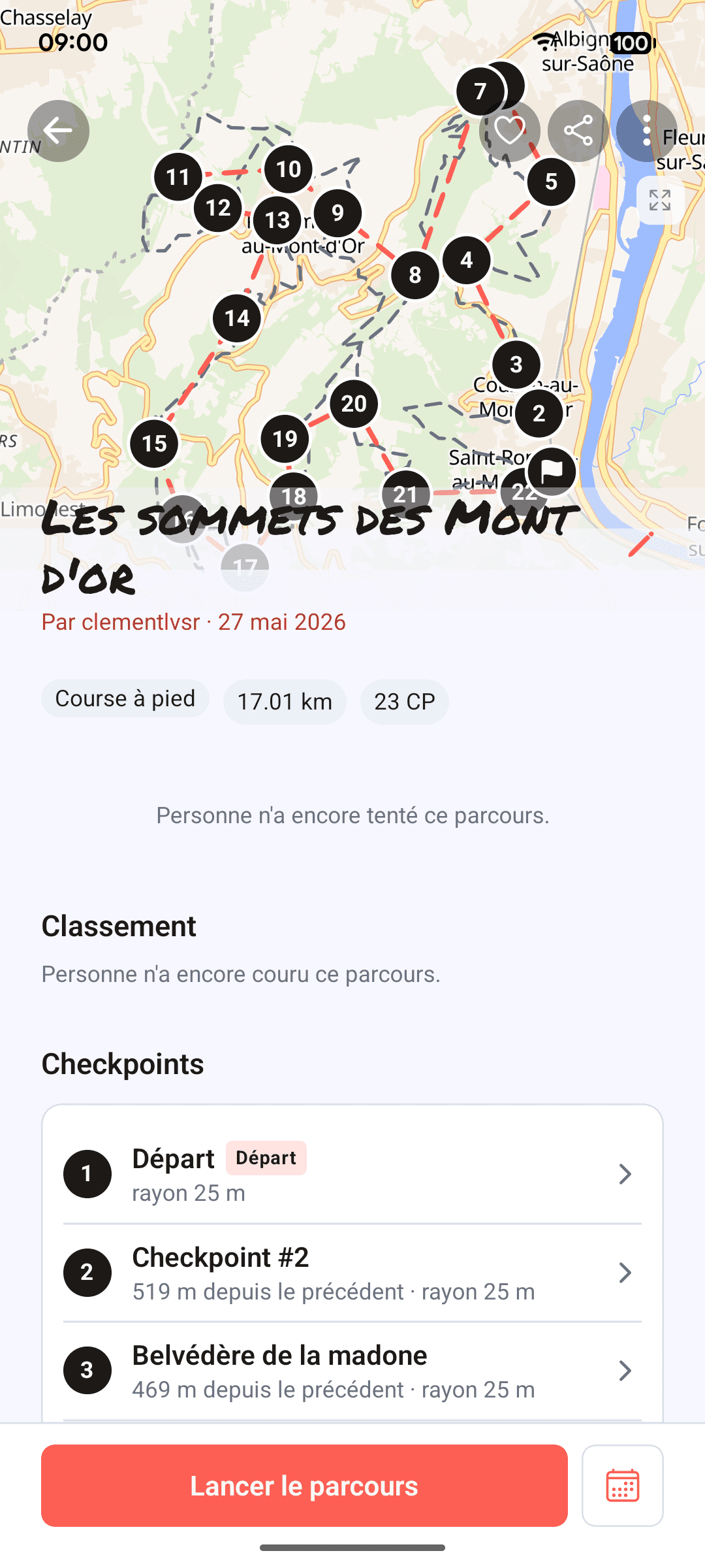 Écran de détail d'un parcours Rootka : carte avec checkpoints, distance, classement et bouton pour lancer le parcours.